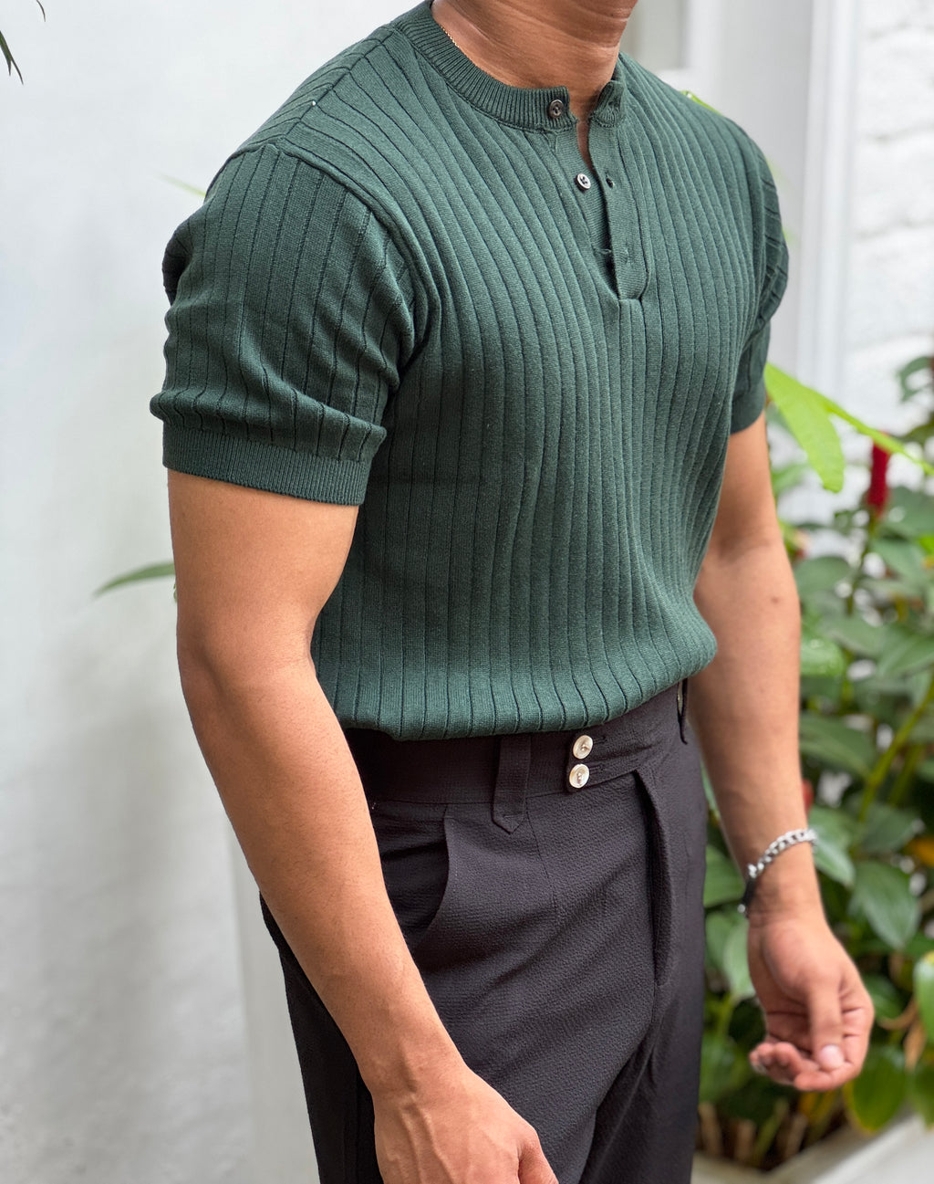 Premium Ribbed Cotton Henley T-Shirt – Emerald Sovereign