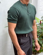 Premium Ribbed Cotton Henley T-Shirt – Emerald Sovereign