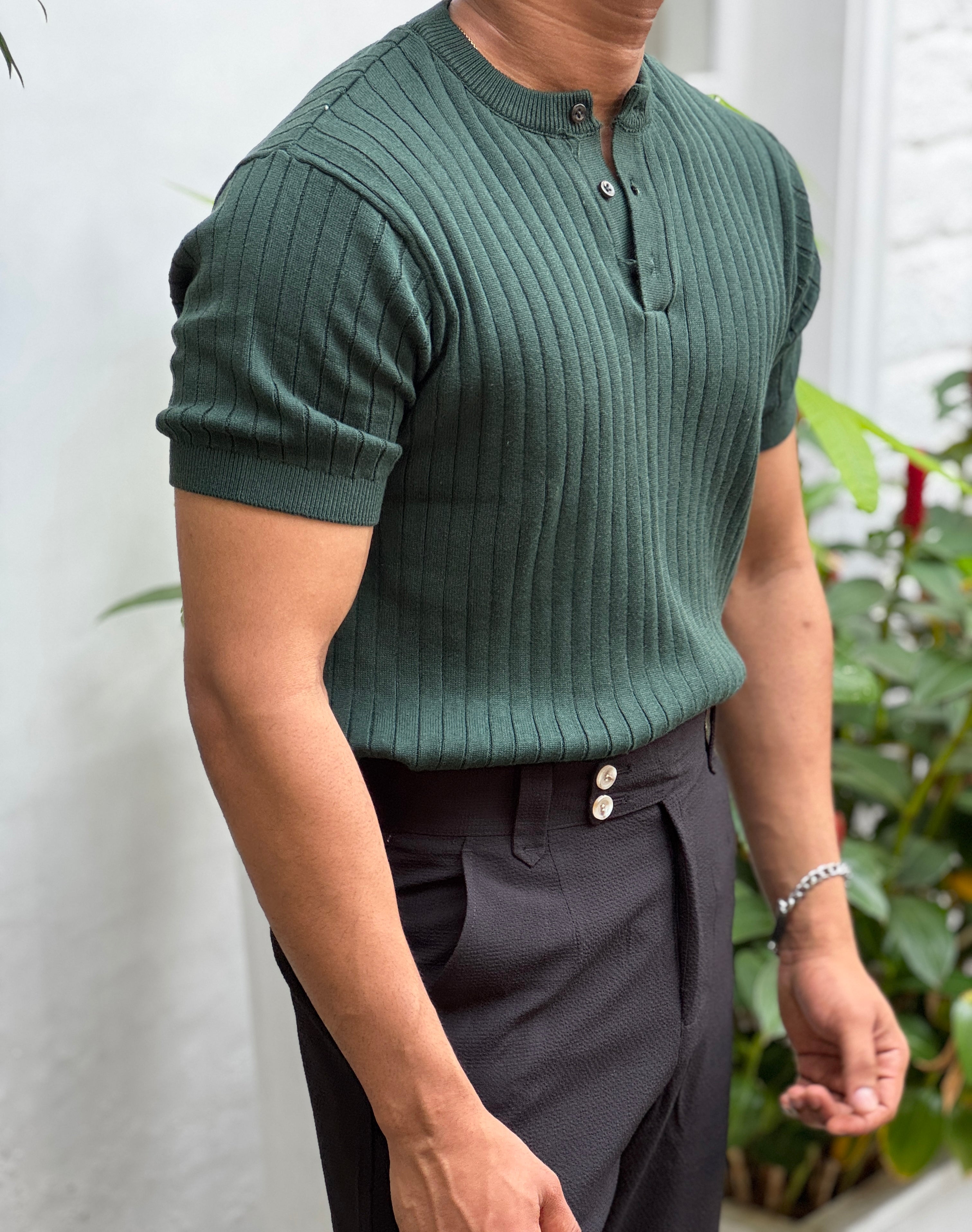 Premium Ribbed Cotton Henley T-Shirt – Emerald Sovereign