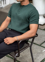 Premium Ribbed Cotton Henley T-Shirt – Emerald Sovereign