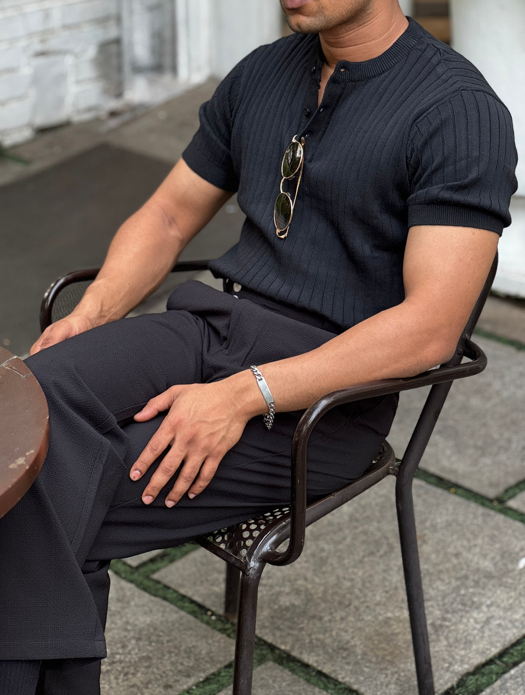 Premium Ribbed Cotton Henley T-Shirt – Obsidian Henley