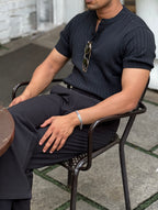 Premium Ribbed Cotton Henley T-Shirt – Obsidian Henley