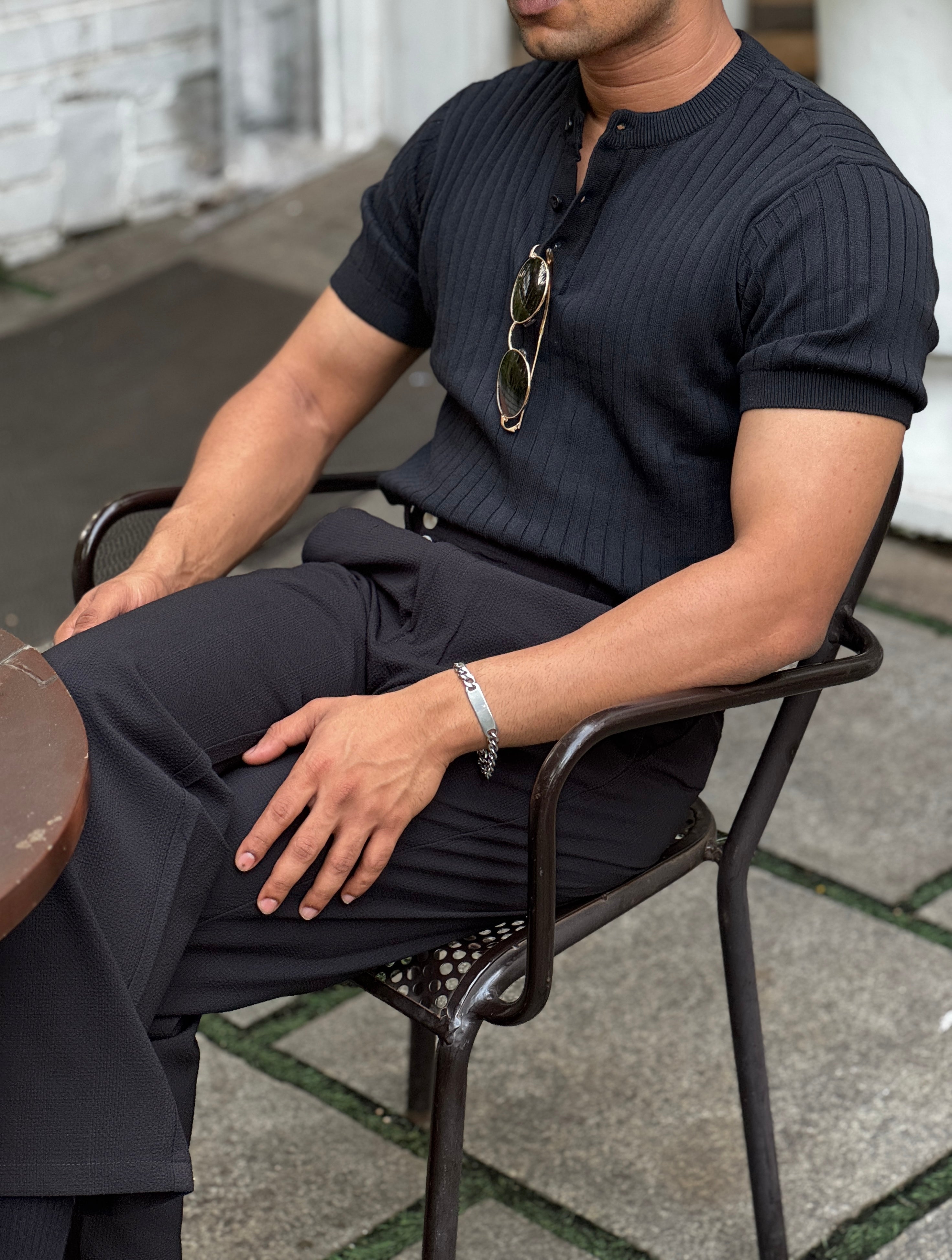 Premium Ribbed Cotton Henley T-Shirt – Obsidian Henley