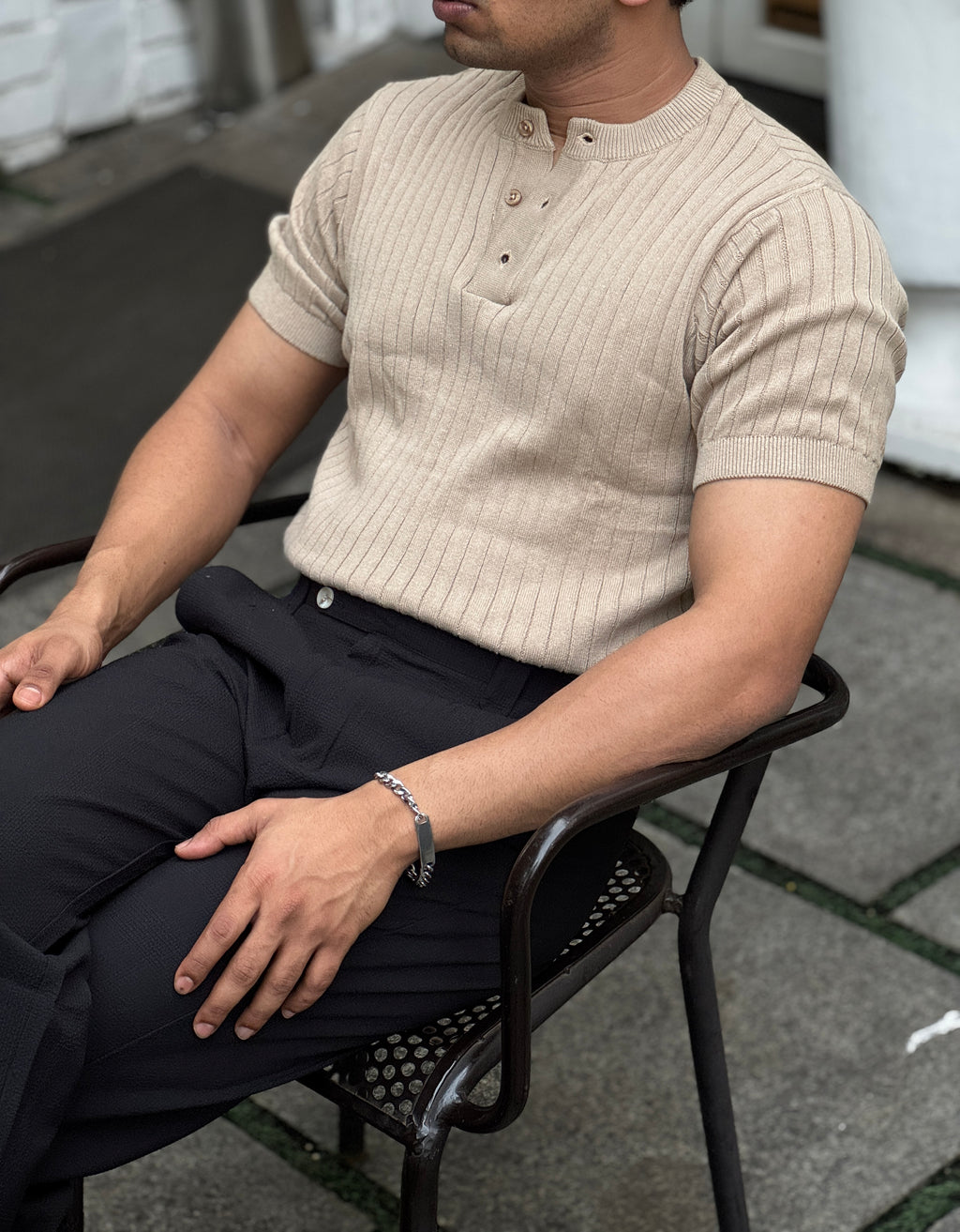 Premium Ribbed Cotton Henley T-Shirt – Sand Sovereign