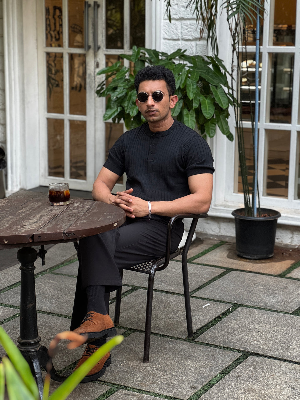 Premium Ribbed Cotton Henley T-Shirt – Obsidian Henley